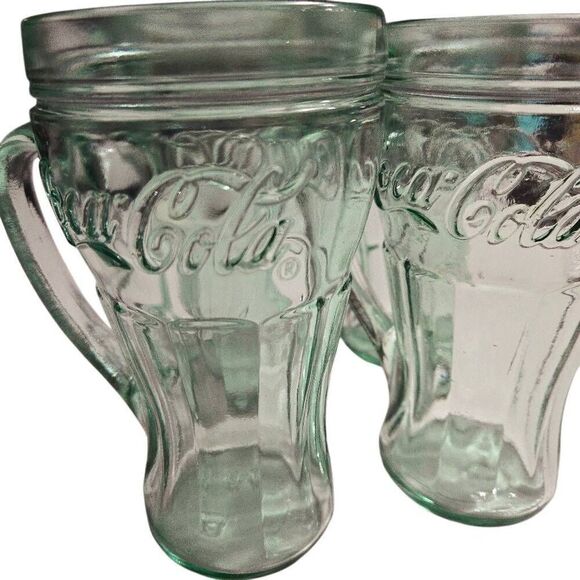 Green Tinted Coca-Cola 16 oz. Glass Mugs With Handles 6-1/2" Tall Lot Of 4 - Picture 5 of 10